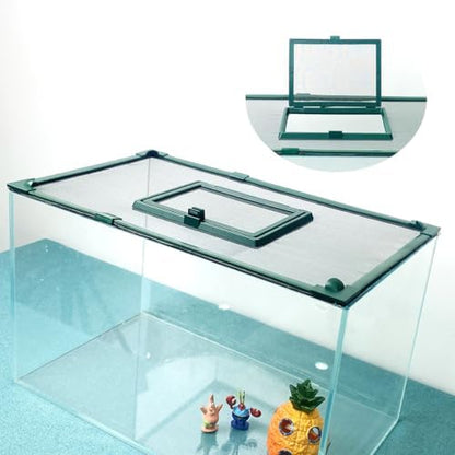 Magnetic Fish Tank Cover with Feeding Window Green Frame Grey Fiberglass Mesh, DIY Fish Tank Lid Adjustable Size Fit Tank Size Max 35''X19'' for Preventing Fish from Jumping Out and Reptile Escaping