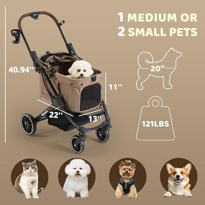 All-Terrain Dog Stroller for Small to Medium Dogs, Pet Stroller for Dogs & Cats Outdoor Walks, One-Hand Easy Fold, Double-Layer Anti-UV & Waterproof Canopy & Breathable Mesh, Mocha Brown