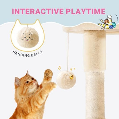 Allewie 29.5in Indoor Cat Tree, Multi-Level Cat Tower with Sisal Scratching Posts, Padded Perch, Basket, Condo, and Hanging Ball, Suitable for Kittens and Adult Felines,Beige