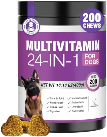 24-in-1 Dog Vitamins and Supplements 200 Ct Dogs Multivitamin Chewable Contain Chondroitin Probiotics Omega-3 Glucosamine for Dogs Skin Coat Heart Joint Gut Liver Brain Eyes Immune Support - Chicken