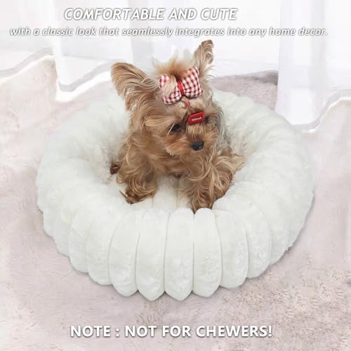 Tiny Dog Bed for Small Dogs and Cats – 16 Inch Donut Washable Soft Comfort Indoor Extra Small Pet Bed,Calming Anti-Anxiety Non-Slip Fluffy Plush Faux Fur Round Puppy Beds Fits Up to 5 lbs Pets,Cream