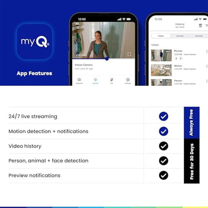 myQ Indoor Plug-in Security Camera Gen 2 – 2K Smart Wi-Fi Camera with Night Vision, Baby and Pet Monitor, Motion Detection and Alerts, 2-Way Audio & App Control, 2 Pack