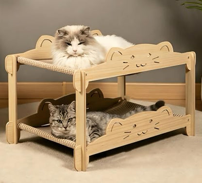 Cat Bunk Bed with Sisal Scratcher & Hammock - 2 Tier Heavy Duty Double Decker Wooden Cat Furniture for 2 Indoor Cats, Sturdy Anti-Tipping Bed Fits Large Cats Up to 30+ Lbs