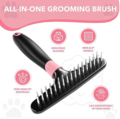 Dog rake deshedding dematting Brush Comb - Undercoat rake for Dogs, Cats, matted, Short,Long Hair Coats - Brush for Shedding, Double Row Stainless Steel pins - Reduce Shedding by 90% (Pink)