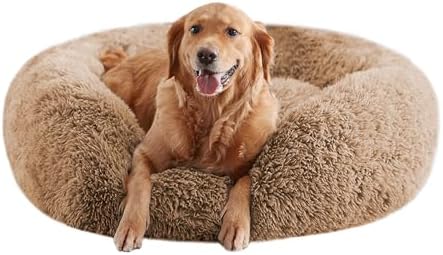Calming Dog Beds for Large Dogs, Faux Fur Donut Cuddler Dog Bed, Round Fluffy Pillow, Washable Pet Bed for Dogs Up to 80Lbs, 36inch