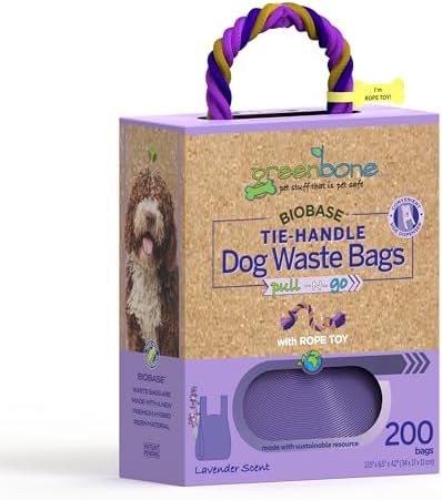 Greenbone Poop Bags for Dogs with Handles Lavender Scent Purple with Bonus Rope Pet Toy, 200 Count on Single Roll, Plant Based