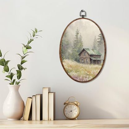 Rustic Cottage Wildflower Oval Framed Wall Art, Nature Landscape Canvas Art Wall Decor，Cottagecore Hanging Decor Painting Artwork for Home Bedroom Farmhouse Living Room Office Decorations 8.3x12inch