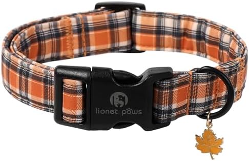 Lionet Paws Halloween Dog Collar- Cute Blank Orange Grid Fall Dog Collars with Plastic Buckle and Leaf Pendant,Light Thanksgivng Day Dog Collars for Medium Large Dogs