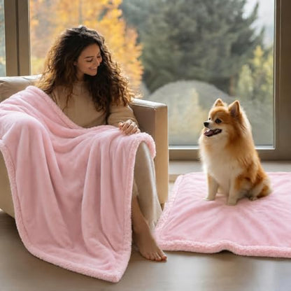 Waterproof Dog Blanket 85x85in Pet Sherpa Fleece Bed Covers Reversible Fluffy Pink Puppy Blankets Leakproof Sofa Couch Washable Cover Cat Pet Blankets for Warm-XXL