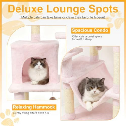 DORTALA Cat Tree for Indoor Cats, 58" Tall Cat Tower with Top Perch, Condo, Hammock, Sisal Scratching Posts, 3 Dangling Balls, Platforms, Multi-Level Pet Climbing Furniture Playground (Pink)