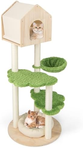 Tangkula Cat Tree Tower, Multi-Level Modern Wood Cat Tower with Sisal Scratching Posts, Jumping Platforms, Perch, Hammock, Cute Cat Condo, Tall Cat Tree for Indoor Cats Large Adult (55 Inch)