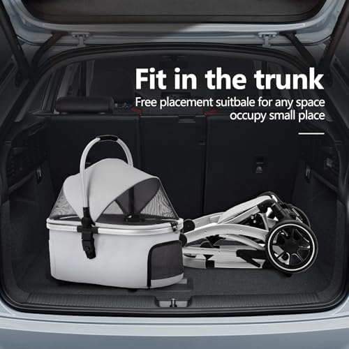 3 in 1 Pet Stroller for Small/Medium Dogs & Cats with Detachable Carrier, Storage Basket and Pet Pad, 4 Wheels Foldable Pet Travel Carrier for Car Seat & Hand Carry, Safe Outings (Grey)