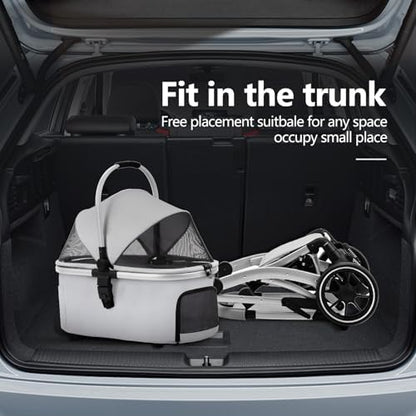 3 in 1 Pet Stroller for Small/Medium Dogs & Cats with Detachable Carrier, Storage Basket and Pet Pad, 4 Wheels Foldable Pet Travel Carrier for Car Seat & Hand Carry, Safe Outings (Grey)