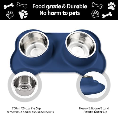 AsFrost Dog Food Bowls Stainless Steel Dog Food & Water Bowl Set with No Spill No Slip Silicone Mat, Dog Dishes for Small Medium Size Dogs Pet Cat Puppy Food Feeding Bowls, Blue, 24oz, 3 Cup