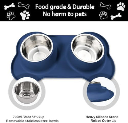 AsFrost Dog Food Bowls Stainless Steel Dog Food & Water Bowl Set with No Spill No Slip Silicone Mat, Dog Dishes for Small Medium Size Dogs Pet Cat Puppy Food Feeding Bowls, Blue, 24oz, 3 Cup