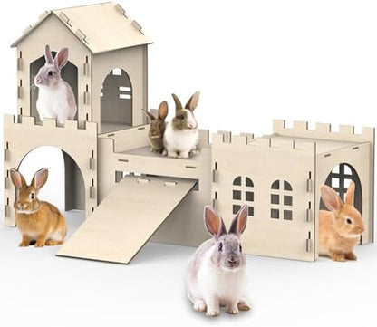 Large Bunny House and Hideouts, Wooden Dual-Layer Rabbit Castle with 4 Houses Indoor, Sturdy Habitat for Guinea Pig Chinchilla Ferret (Extra Large-4 House)