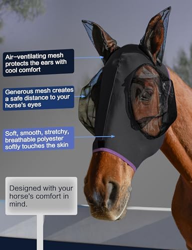 Horse Fly Mask with Ears, Fly Mask for Horses, Breathable Mesh