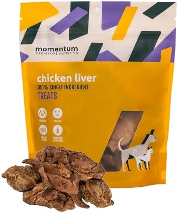 Momentum Carnivore Nutrition Freeze-Dried Chicken Liver Dog Treats & Cat Treats – Single-Ingredient, High-Protein, Grain-Free, Naturally Flavorful – Made in USA – 3.5 oz Bag