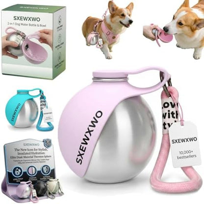 The 2-in-1 Dog Water Bottle & Bowl 2026 New Portable Trave Pet Dispenser Perros Silicone Water Ball Spill Proof Container Design on Walks Walking Hiking Insulated Round Botella Animal (Pink)
