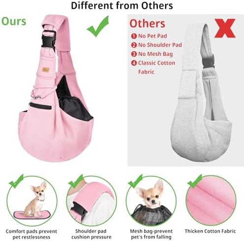 CUBY Adjustable Dog Cat Sling Carrier with Padded Hard Bottom Pet Carrier Sling Soft Carrying Puppy Bag for Small Dogs Cats Outdoor Travel(Pink Senior)