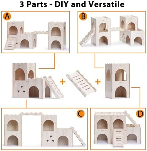 Large Hamster Hideout, Wooden Double-Decker Castle with Climb Ladder