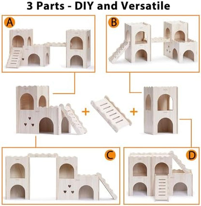 Large Hamster Hideout, Wooden Double-Decker Castle with Climb Ladder