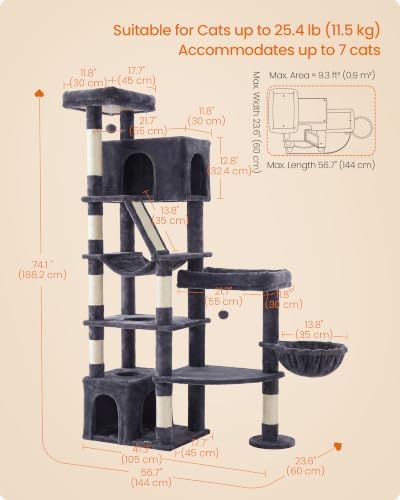 Feandrea Large Cat Tree, 74.1" Tall Sturdy Cat Tower for Indoor, Dark Gray
