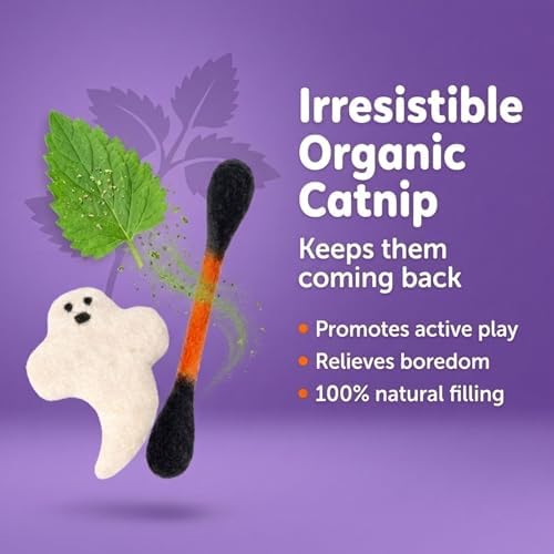Glaciart One Halloween Cat Toys with Catnip – 7 Pack Felt Swab Cat Toys + Ghost Toy, Interactive Wool Cat Toys for Indoor Cats & Kittens, Handmade Natural Catnip Toys for Chase, Chew & Play