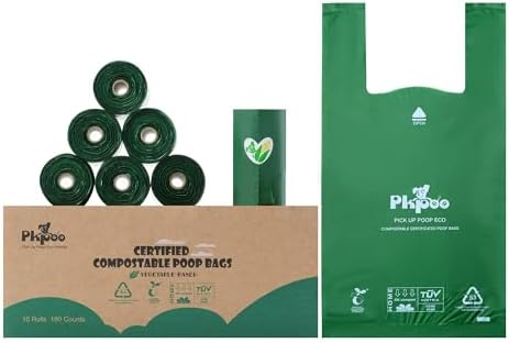 Pkpoo 100% Compostable Dog Poop Bags with Handles, Extra Wide, Vegetable-Based Large Poop Bags for Dogs, Biodegradable Waste Bags for Poo, Cat Litter, Diaper Sacks, Unscented, 180 Counts