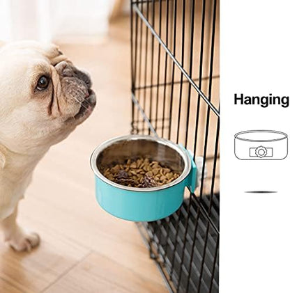 Mechpia 2 Pieces Crate Dog Bowl, Removable Stainless Steel Pet Kennel Hanging Food Water Feeder Bowl Cage Coop Cup for Puppy Medium Dog Cat Rabbit Ferret Bird (Blue,Green)