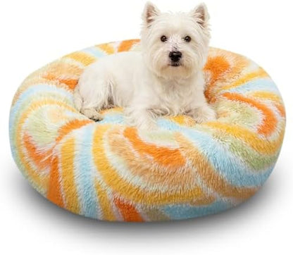 Calming Donut Dog Bed for Small Dogs, Fluffy Round Sofa Burrow Bed, Orthopedic Waterproof Anti-Anxiety Pet Beds with Supportive Edge, Washable Soft Plush Cat Beds with Non-Slip Bottom