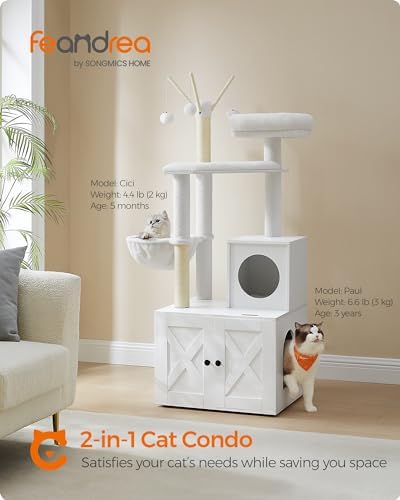Feandrea Cat Tree with Litter Box Enclosure, 59-Inch, 2-in-1 Condo
