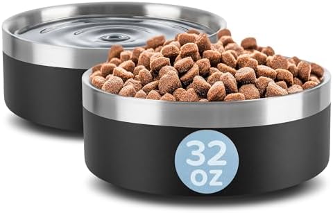 Set of 2 Stainless Steel Dog Bowls - 32oz/4 Cups Double Wall Insulated Food and Water Bowls for Dogs and Cats, Non Slip Metal Pet Dishes for Small-Medium Pets, Puppy Essentials by PETMAKER (Black)