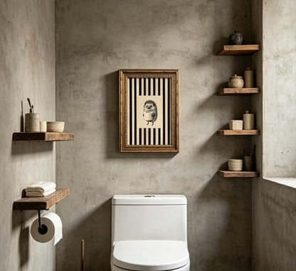 Vintage Gold Framed Funny Bathroom Wall Art, Hedgehog Holding Toilet Paper Canvas Print, Black and White Striped Funny Animal Sketch Wall Decor, Antique Rustic Farmhouse Poster Artwork for Restroom