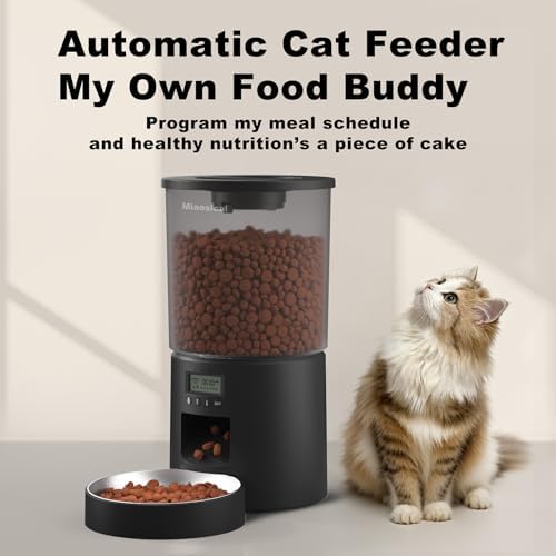Automated Cat Feeder,Clear 4.2L Dry Food Dispenser with Single Bowl,Programmable Timed Pet Feeder for Up to 6 Daily Meals,10-Second Voice Message & Dual Power Backup (Black, 4.2L Press Version)