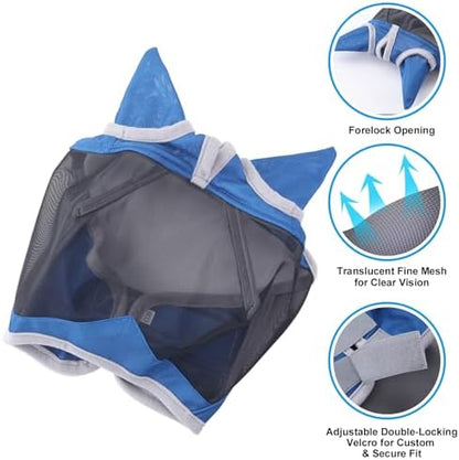 Horse Fly Mask with Ears, Breathable Fine Mesh Royal Blue Pony