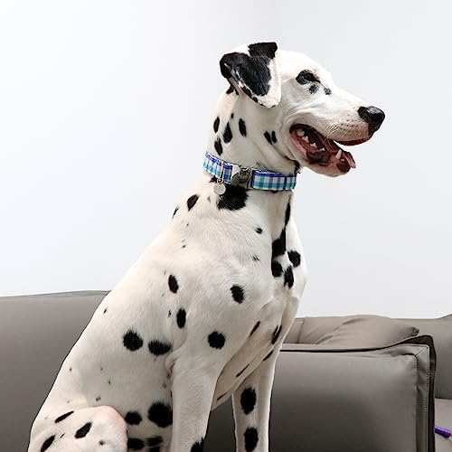 Blue Plaid Summer Cotton Dog Collar with Metal Buckle Gift Collar for Small Medium Large Girls or Boys Dogs Cute Durable Comfortable Pet Collars