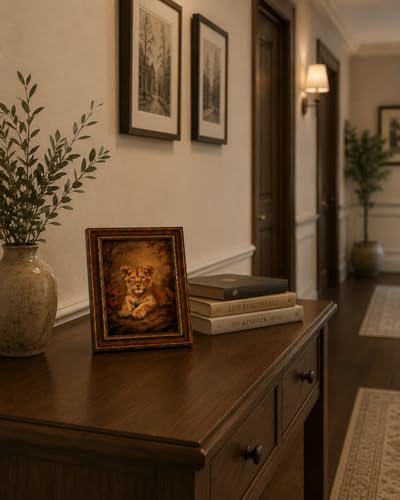 Framed Vintage Style Wall Art Cute Lion Cub In A Rustic Forest Setting Canvas Print Poster Farmhouse Style Artwork Suitable For Bedroom Or Living Room 8x10 Inches Ready To Hang Or Display On A Tabletop