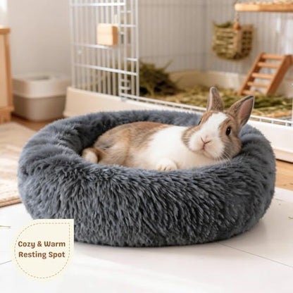 Rabbit Bed, Long Plush Donut Shaped Washable Bunny Hideout Soft Pet Bedding Mat for Guinea Pig, Kitten, Chihuahua & Small Pets for Snuggling Resting - Gray