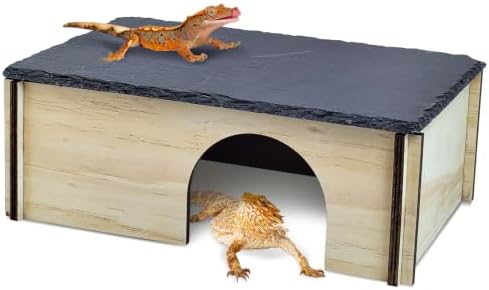 PINVNBY Large Bearded Dragon Basking Platform, Wooden Snake Hide, Ball Pythons Hide with Slate Rock, Leopard Gecko Tank Accessories for Geckos, Crested Gecko Chameleon Turtles (L: 11.8x7.87 inches)