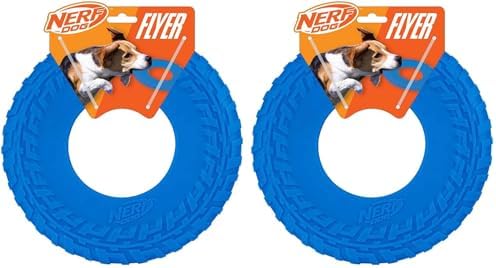 Nerf Dog Tire Flyer Outdoor Dog Toy, 10 Inch Flying Disc Dog Fetch Toy, Rubber Dog Toy for Medium Dogs and Large Dogs, Blue (Pack of 2)