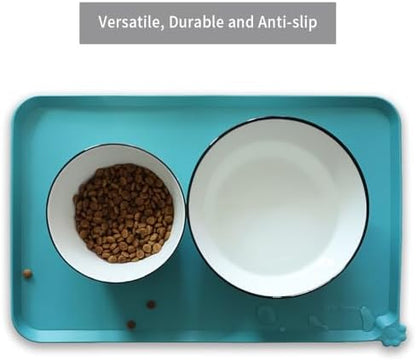 Hoki Found Silicone Pet Food Mats Tray - Non Slip Cat & Dog Bowl Mats - Waterproof & Pet-Friendly for Carpet - Glacier