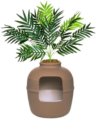 Good Pet Stuff Original Hidden Litter Box Planter, Decorative Cat Litter Enclosure with Carbon Filter, Artificial Palm Plant, Upgraded Design, Easy Clean Litter Tray, Essentials Kit, Mocha Brown