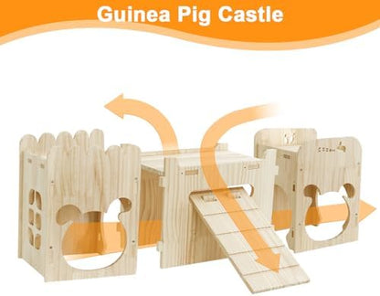 Large Natural Wooden Rabbit Castle,Bunny House,Detachable Rabbit Hideaway, Indoor Hamster Castle with Ramp, Small Animal Houses & Habitats for Guinea Pig Chinchilla Ferret