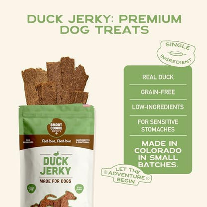 Smart Cookie Duck Jerky Dog Treats with Flax Seed, Omega Oils- Hypoallergenic Strips for Dogs and Puppies with Allergies, Sensitive Stomachs - Dehydrated, Grain Free, Made in USA - 3oz Bag, Pack of 1