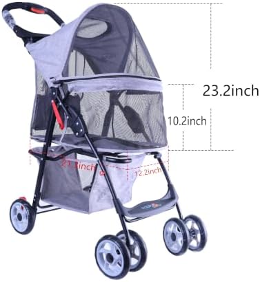 Full-Window pet Stroller 4 Wheels for Cats & Dogs, with Storage Basket,Cup Holder, Travel Puppy/Cats Stroller.Gray