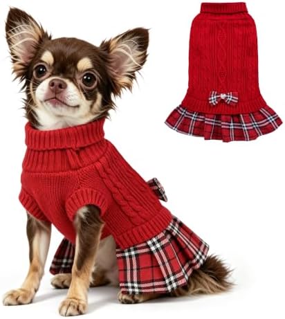 YUDODO Small Dog Sweater Dress with Bowtie Turtleneck - Knitted Pet Clothes