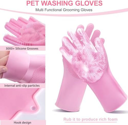 6PCS Pink Dog Washing Kit with Brush, Scrubber, Gloves, Towel & Bag