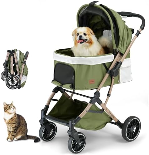 EchoSmile Small Medium Dogs Stroller 4-Wheel Pet Strollers for Medium Dogs Up to 50lbs, One Click Folding Large Cat Stroller, Reversible Handle, Shock Absorbing Wheels, Removable Washable Pad, Green