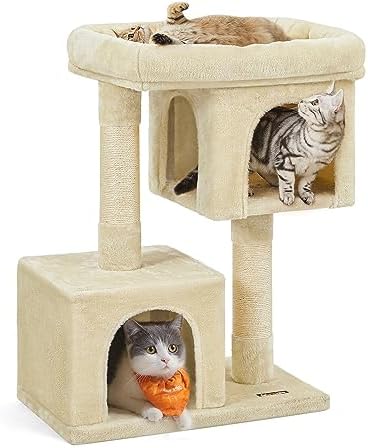 Feandrea Cat Tree, 33.1-Inch Cute Cat Tower, Plush Kitten Condo, Beige